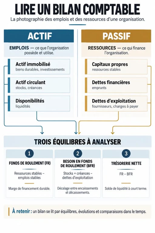 Infographie pour comprendre comment lire et comprendre un bilan comptable pour un journaliste