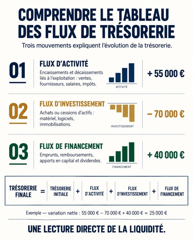 Infographie du tableau flux de trésorerie avec flux d’activité, d’investissement et de financement