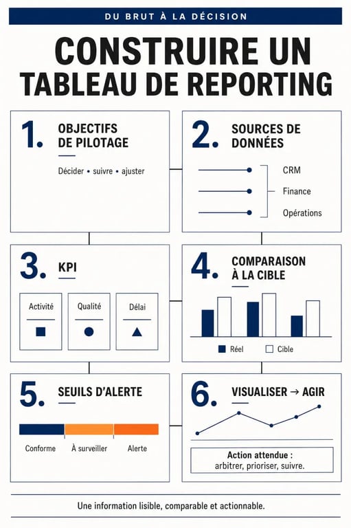 Infographie expliquant la construction d’un tableau de reporting avec KPI, objectifs et seuils d’alerte