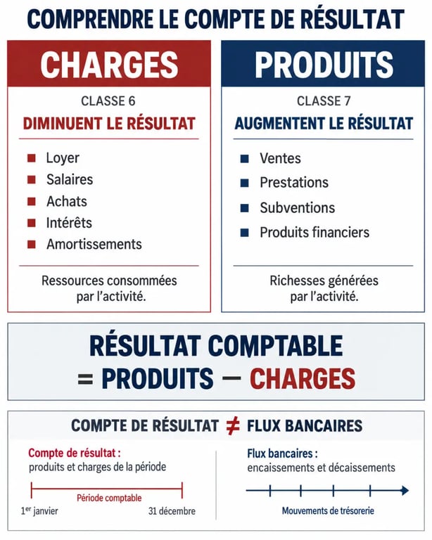 Infographie comparative sur les produits charges, les classes 6 et 7 et le calcul du résultat comptable