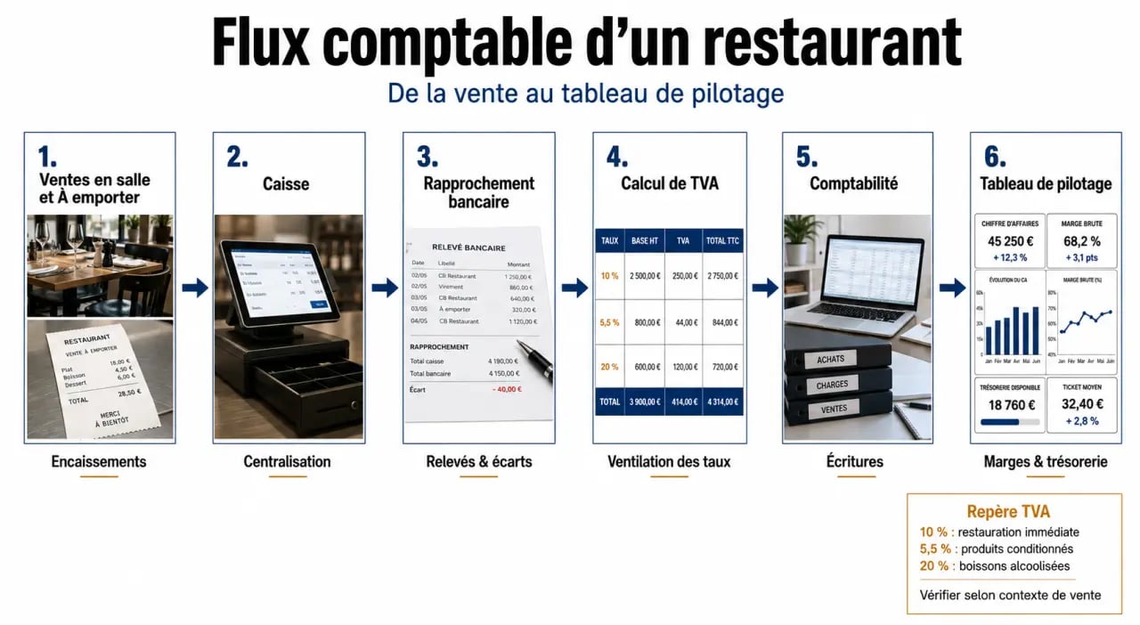 Comptabilité restaurant : schéma du flux ventes, caisse, TVA et pilotage
