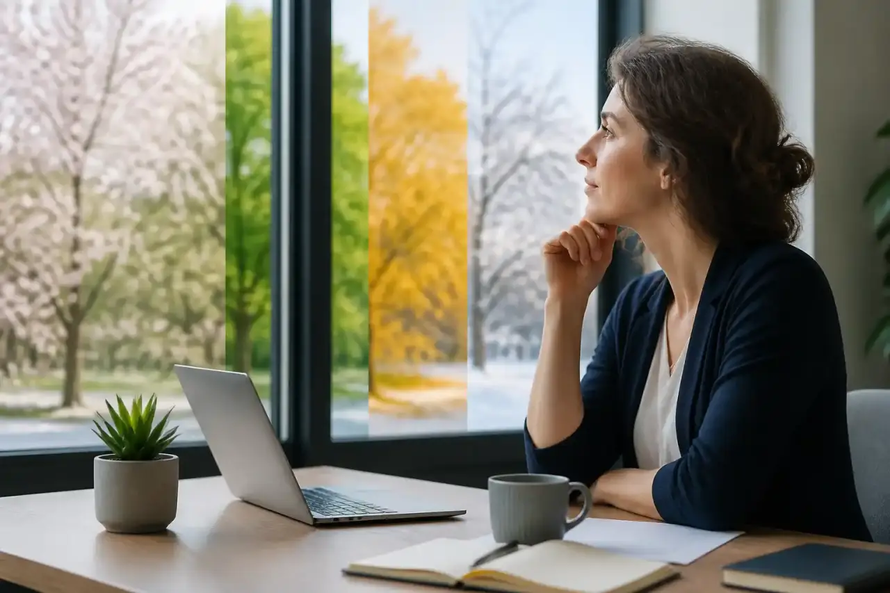 Deux professionnels échangent dans un bureau lumineux et chaleureux, autour de documents de travail