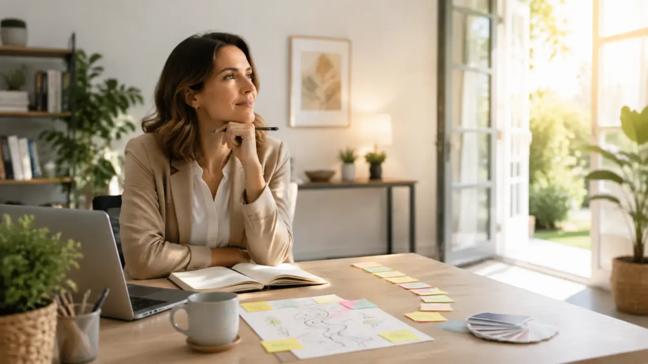 Deux professionnels échangent autour d'un projet de reconversion dans un bureau lumineux et chaleureux