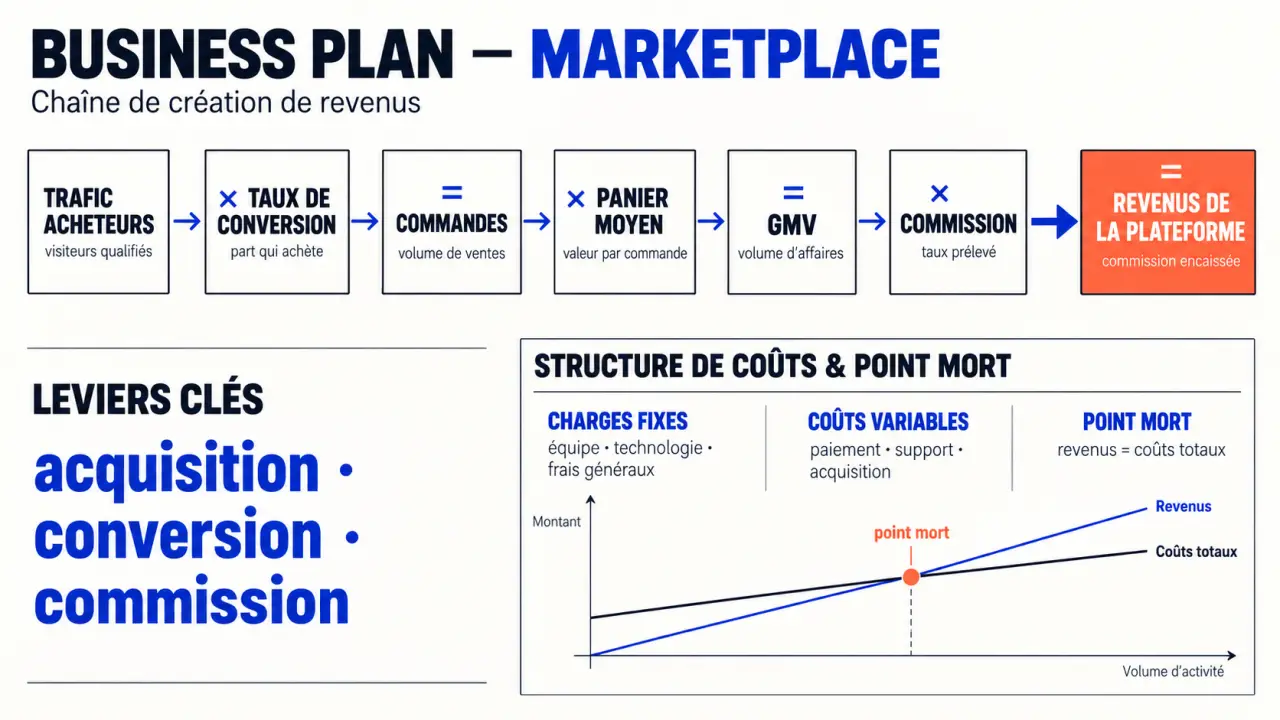 Infographie du business plan marketplace reliant trafic, conversion, GMV, commissions, charges et point mort