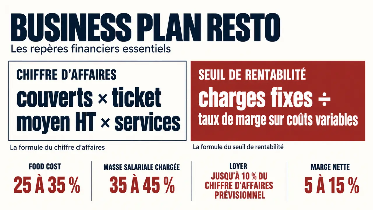 Business plan resto : visualisation des formules de chiffre d’affaires, seuil de rentabilité et principaux ratios financiers