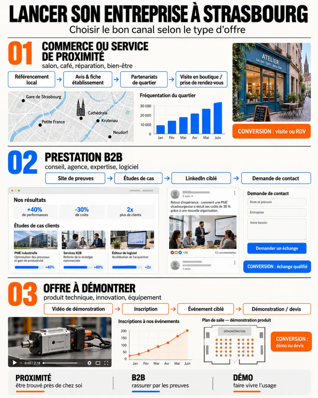 Infographie sur une stratégie de communication lancement entreprise Strasbourg selon le parcours d’achat et les canaux utilisés