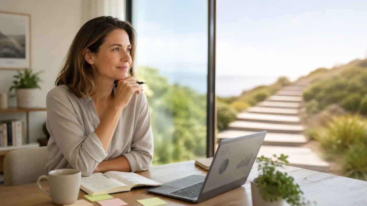 Deux professionnels échangent dans un bureau lumineux et chaleureux, autour d'un projet de reconversion