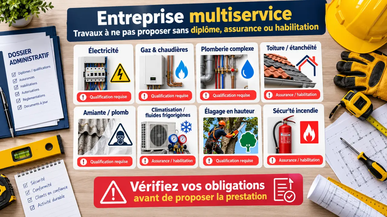 Entreprise multiservice : les travaux à ne pas proposer sans diplôme, assurance ou habilitation