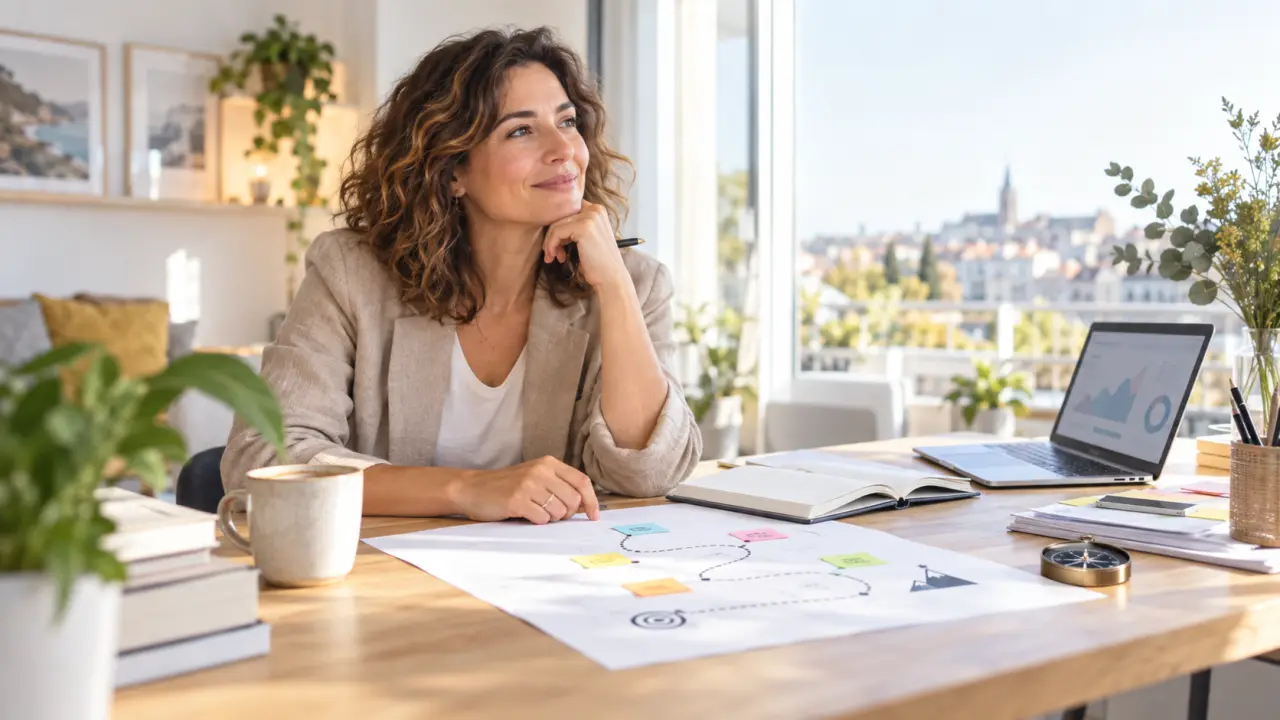 Personne réfléchissant à une reconversion professionnelle avec un carnet et des documents
