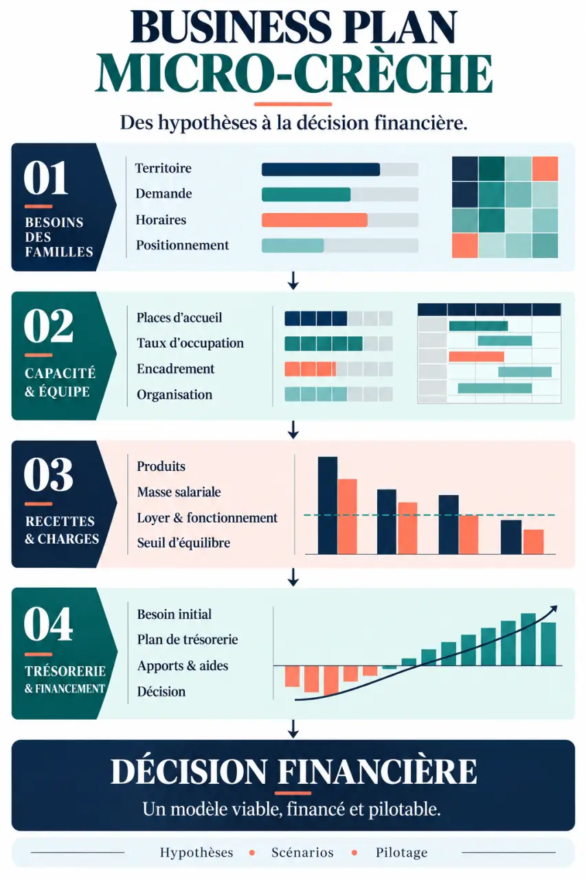Infographie des éléments essentiels d’un business plan de micro-crèche