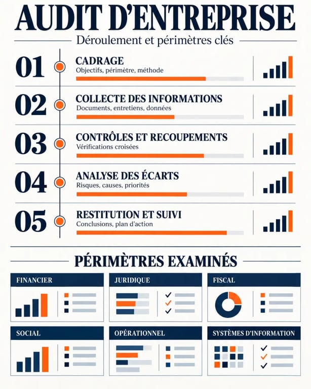 Infographie sur les étapes d’un audit d’entreprise et ses principaux périmètres